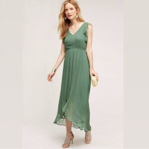 NWT Anthropologie HD in Paris Sidra Green Midi High Low Ruffled Dress Size 6P
